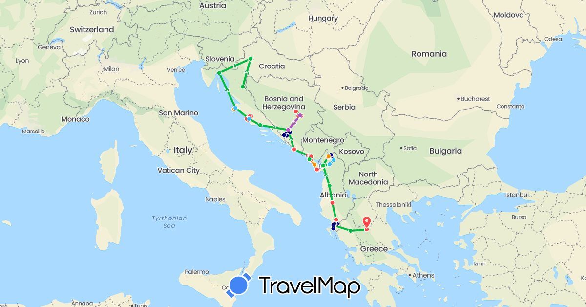 TravelMap itinerary: driving, bus, cycling, train, hiking, boat, hitchhiking in Albania, Bosnia and Herzegovina, Greece, Croatia, Montenegro (Europe)